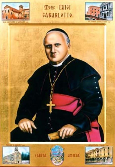 Luigi Caburlotto as featured in a postcard wearing black cassock (clergy garments), a cap and a gold rosary.