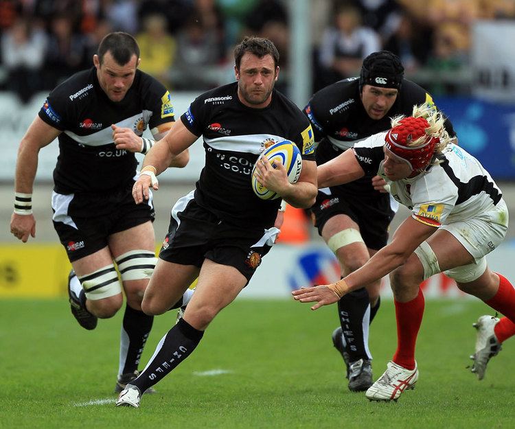 Luke Arscott Luke Arscott of Exeter Chiefs bursts past Mouritz Botha of