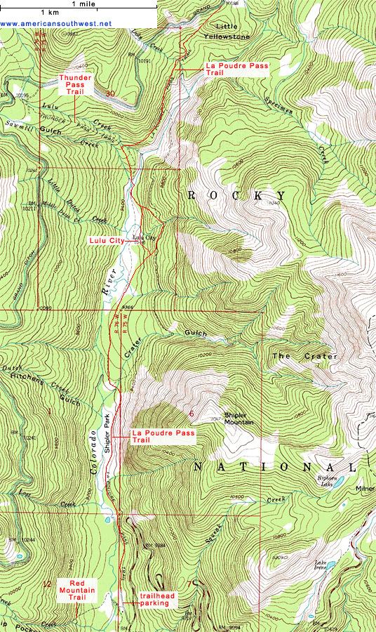 Lulu City, Colorado Topographic Map of the La Poudre Pass Trail Rocky Mountain National