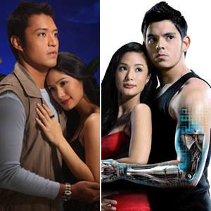 On the left is the movie poster of Luna Mystika 2008, in blue background from left, Mark Anthony Fernandez is serious, standing, with his hand holding Heart’s elbow, has black hair wearing a gray long sleeve, silver bracelet and a brown vest, Heart Evangelista(right) is serious leaning to Mark’s chest along with her left hand has, long black hair wearing black ring and a black noodle strap dress, at the right, from left, Heart Evangelista standing, leaning backward, hands down in her stomach, has long black hair wearing a red noodle strap dress, behind her, Richard Guitierez(right) is serious, standing holding Heart’s arm with his left mechanical arm, has black hair wearing a black tank top.