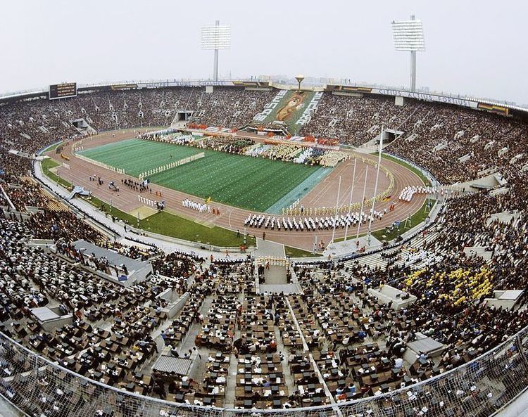 A crowded stadium during the opening ceremony of the 1980 Summer Olympics