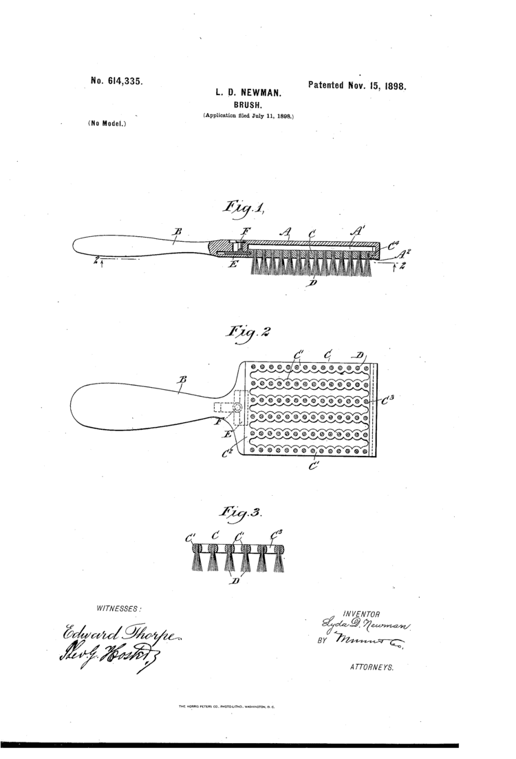 Patent of hairbrush invented by Lyda Newman in 1898.