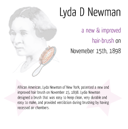 A poster featuring Lyda D. Newman with her invention of the hairbrush on November 15, 1898.