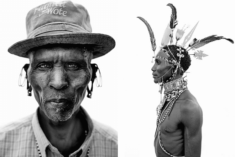 On the left, a portrait of a Samburu Warrior tribe wearing a hat captured by Lyle Owerko. On the right, a portrait of a Samburu Warrior tribe wearing their different kind of accessories captured by Lyle Owerko.