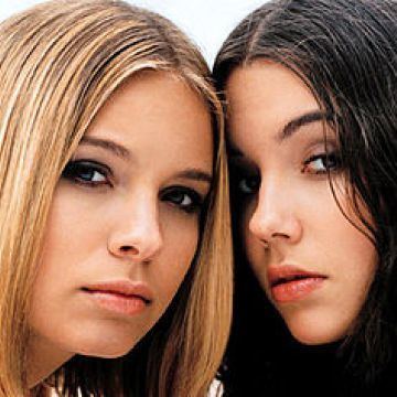 Marit Larsen and Marion Raven of the M2M band with a fierce look while  Marit in blonde hair and Marion in black hair