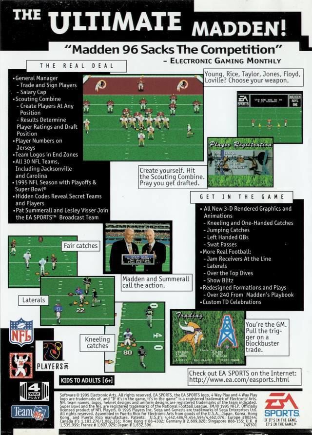 Madden NFL '96 Madden NFL 96 Box Shot for Genesis GameFAQs