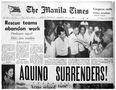 Maggie dela | "Aquino Surrenders!". A report on the case by The Manila Times