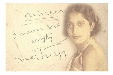 On the left, a short letter from Mircea for Maitreyi Devi. On the right, Maitreyi Devi with short hair and wearing a sleeveless top