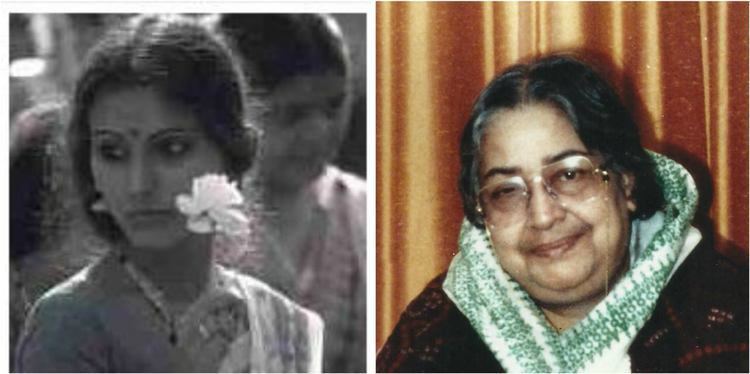 On the left, a woman holding a flower. On the right, Maitreyi Devi  smiling while wearing a white and green scarf and eyeglasses