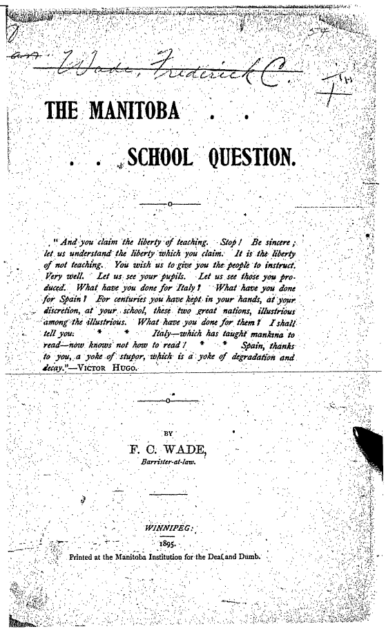 Manitoba Schools Question Peel 2236 Wade Frederick Coate The Manitoba school question 1895