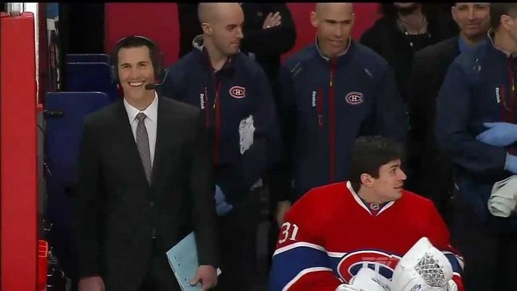 Marc Denis Carey Price saves Marc Denis with a nice glove save on the bench