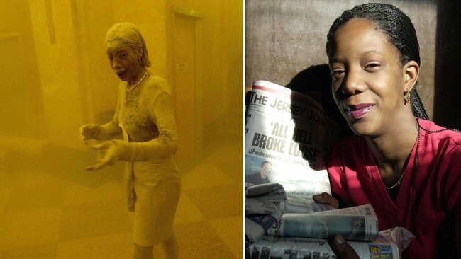 On the left, Marcy Borders is covered with dust while, on the right, Marcy Borders smiling and holding a newspaper