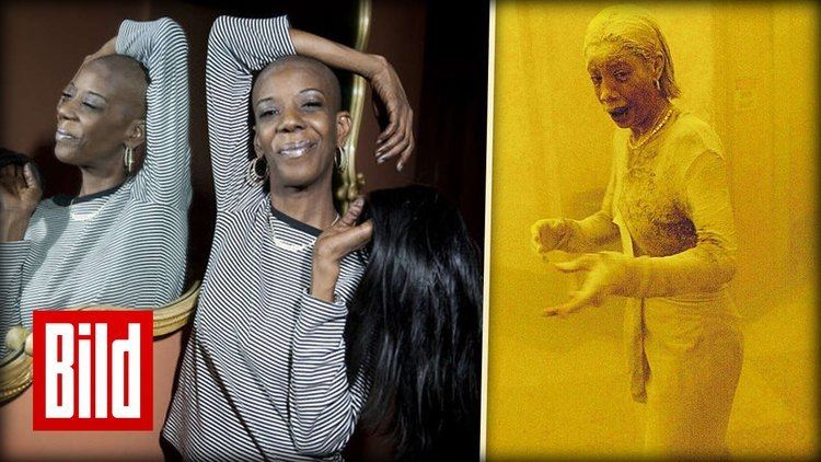 On the left, Marcy Borders smiling and wearing a striped long sleeve blouse while, on the right, Marcy Borders is covered with dust