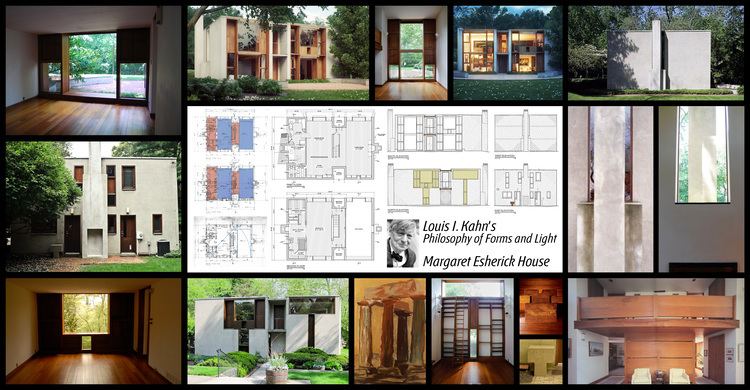 The floor plan, front view, and different rooms in the Margaret Esherick House