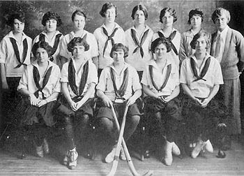 The Women’s varsity hockey team in 1924 with Margaret Majer standing at far right