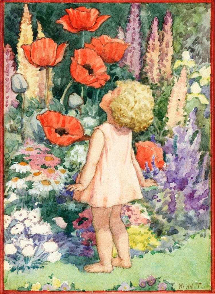 Margaret Tarrant Small girl smelling large red poppies artwork by