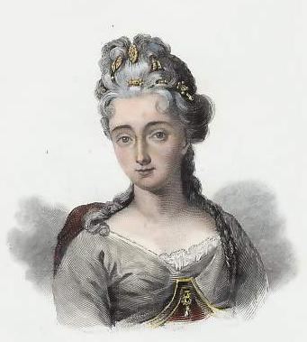 A colored caricature of Marguerite, Duchess of Rohan, in white background, Marguerite, Duchess of Rohan is smiling, has white hair with gold accessories, wearing a white blouse with red-gold pattern.