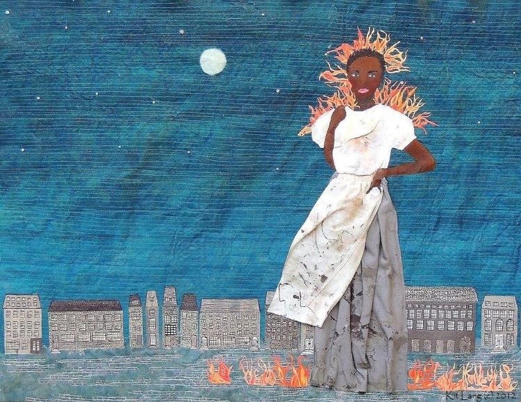 A portrait of Marie-Josèphe Angélique by Kit Lang, a woman standing outside under the moon with houses on her background with fire on the ground, wearing a white and gray dress