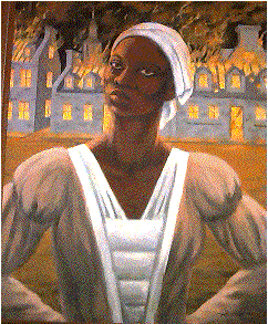 An illustration of Marie Joseph Angelique looking serious outside in burning houses in her background, while both hands on her waist, wearing a piece of cloth cover on her head and a dress