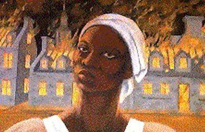 An illustration of Marie Joseph Angelique looking serious outside in burning houses in her background, wearing a piece of cloth cover in his head and a dress