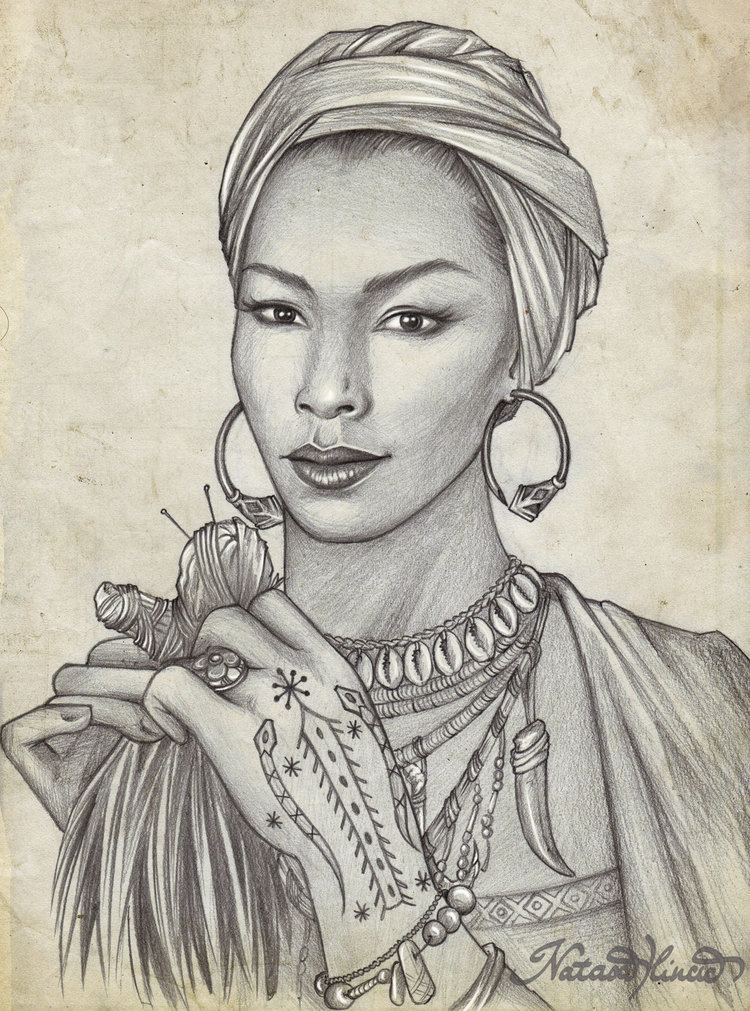 Portrait of Marie Laveau with tattoos on her body while wearing a turban and some pieces of jewelry