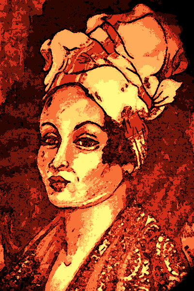 Portrait of Marie LaVeau wearing a turban, shawl, and dress