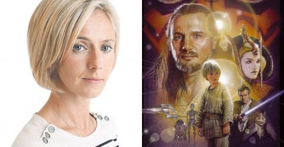 On the left Marina Hyde wearing a white blouse while on the right is the movie poster of Star Wars: Episode I - The Phantom Menace (1999 film)