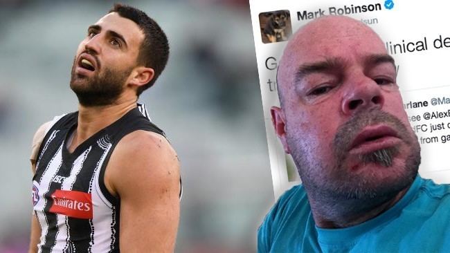 On the left, Alex Fasolo wearing a jersey while, on the right, Mark Robinson wearing a blue t-shirt and his Twitter post