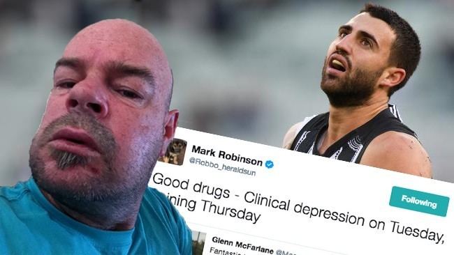 On the left, Mark Robinson wearing a blue t-shirt and his Twitter post while, on the right, Alex Fasolo wearing a jersey