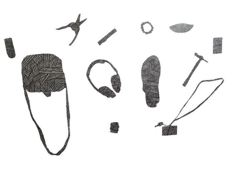 On a white background is an art created by Mark Salvatus, it has black striped, shaped things, from left, a Bag, Pliers, Watch, Bracelet, Shoes, Hammer, leaf, an Id with key and lace.