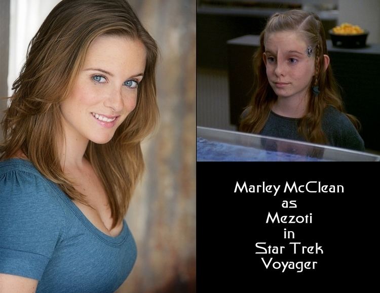 On the left, Marley McClean smiling with blue eyes and wearing a blue blouse while on the right, young Marley as Mezoti in Star Trek Voyager