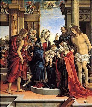 Marriage of St. Catherine (Filippino Lippi) httpsuploadwikimediaorgwikipediaenthumbe