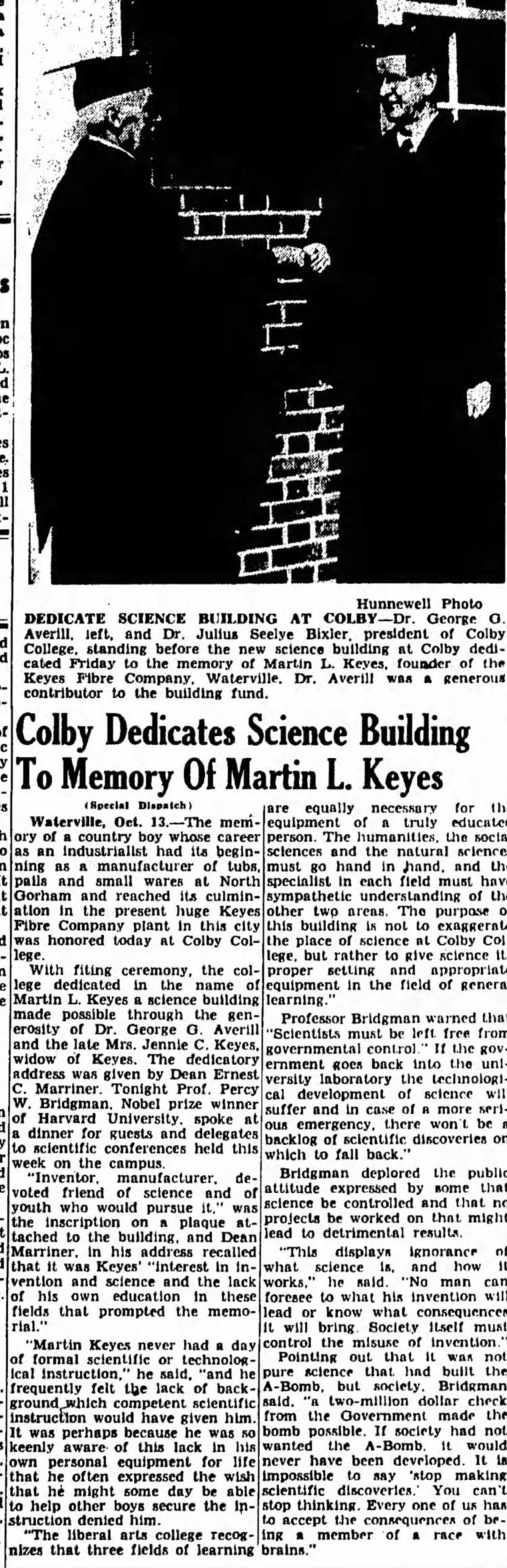 Colby Dedicates Science Building To Memory of Martin L. Keyes -  Newspapers.com™