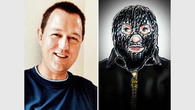 On left, Martin Ney smiling inside his house. On right, Martin Ney's sketch as a masked murderer.
