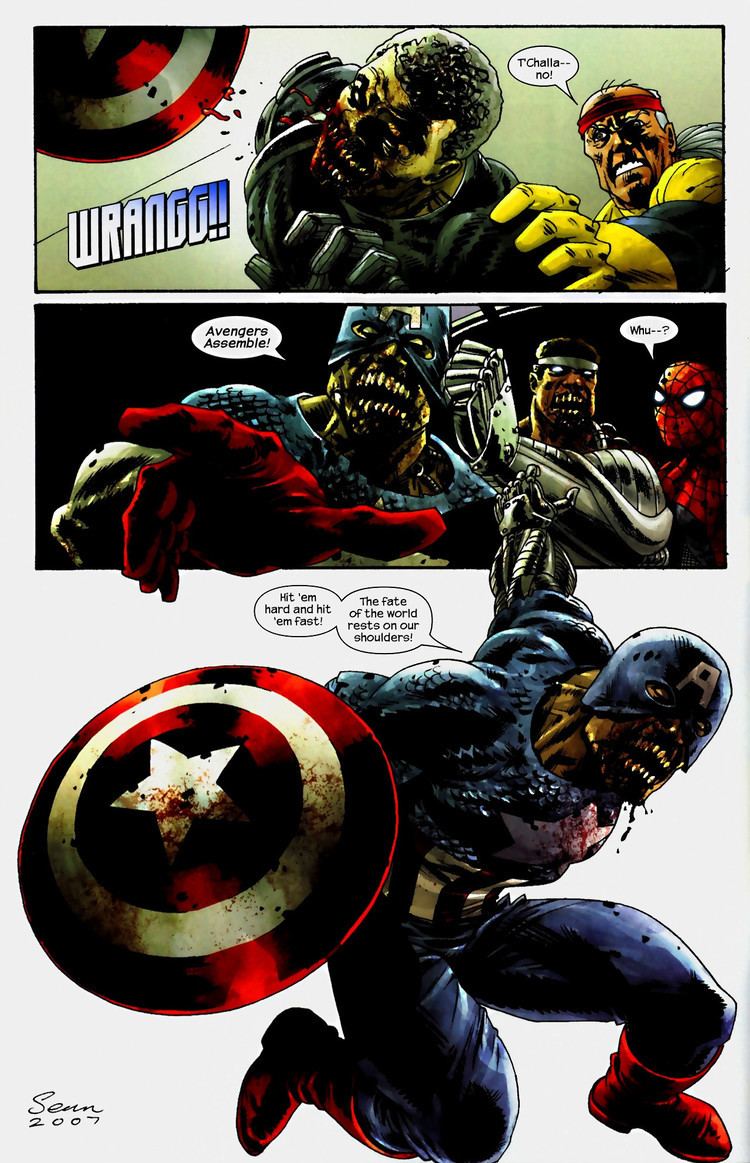 Captain America calling on the Avengers in a page of the comic "Marvel Zombies 2"