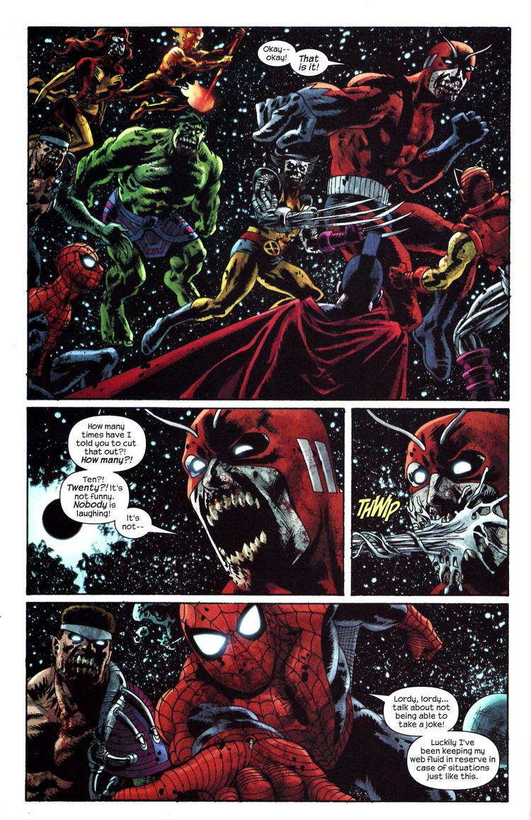 Spiderman shutting Giant Man's mouth with his web fluid in a page from the comic Marvel Zombies 2