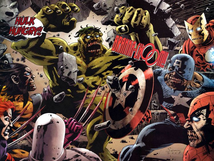 The superherous becoming zombies and fighting with each other in the comic "Marvel Zombies 2"