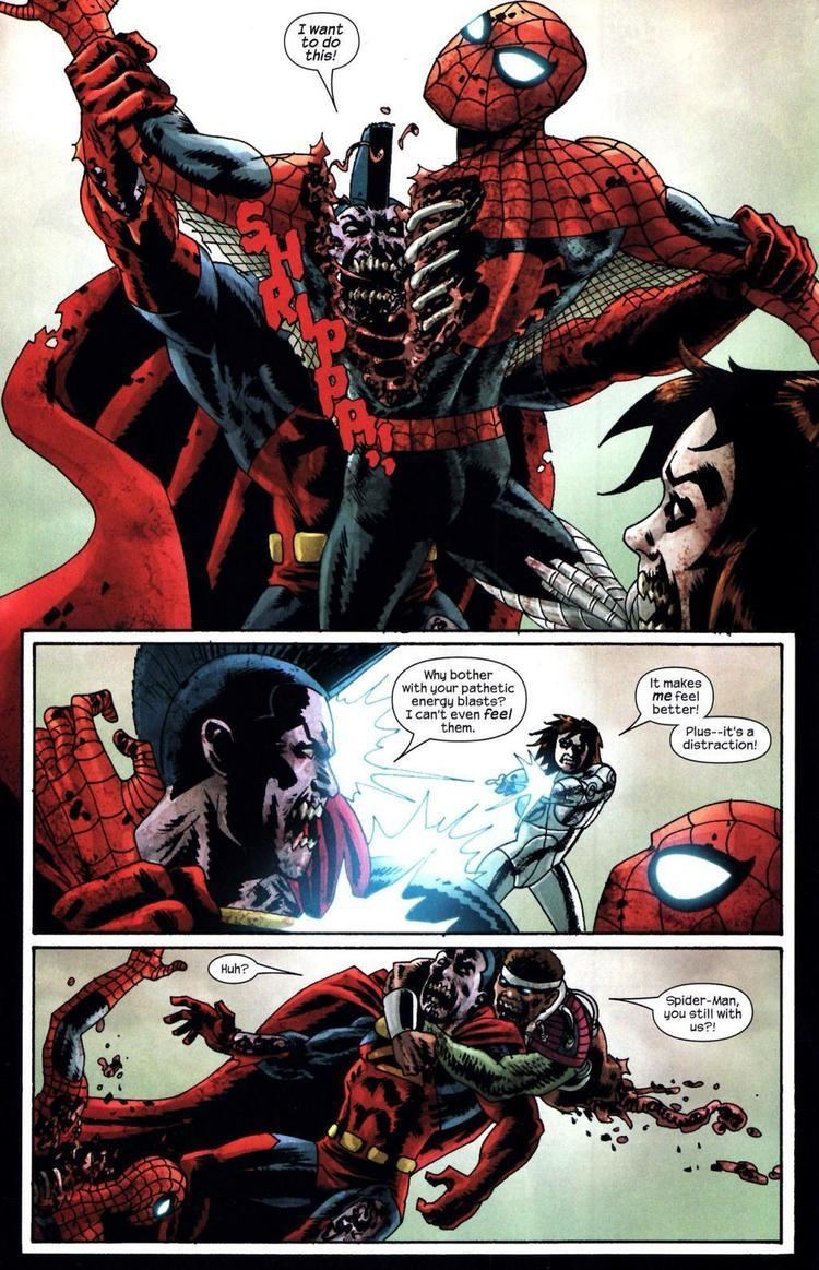Spiderman ripped by a zombie on a page of the comics "Marvel Zombies 2"