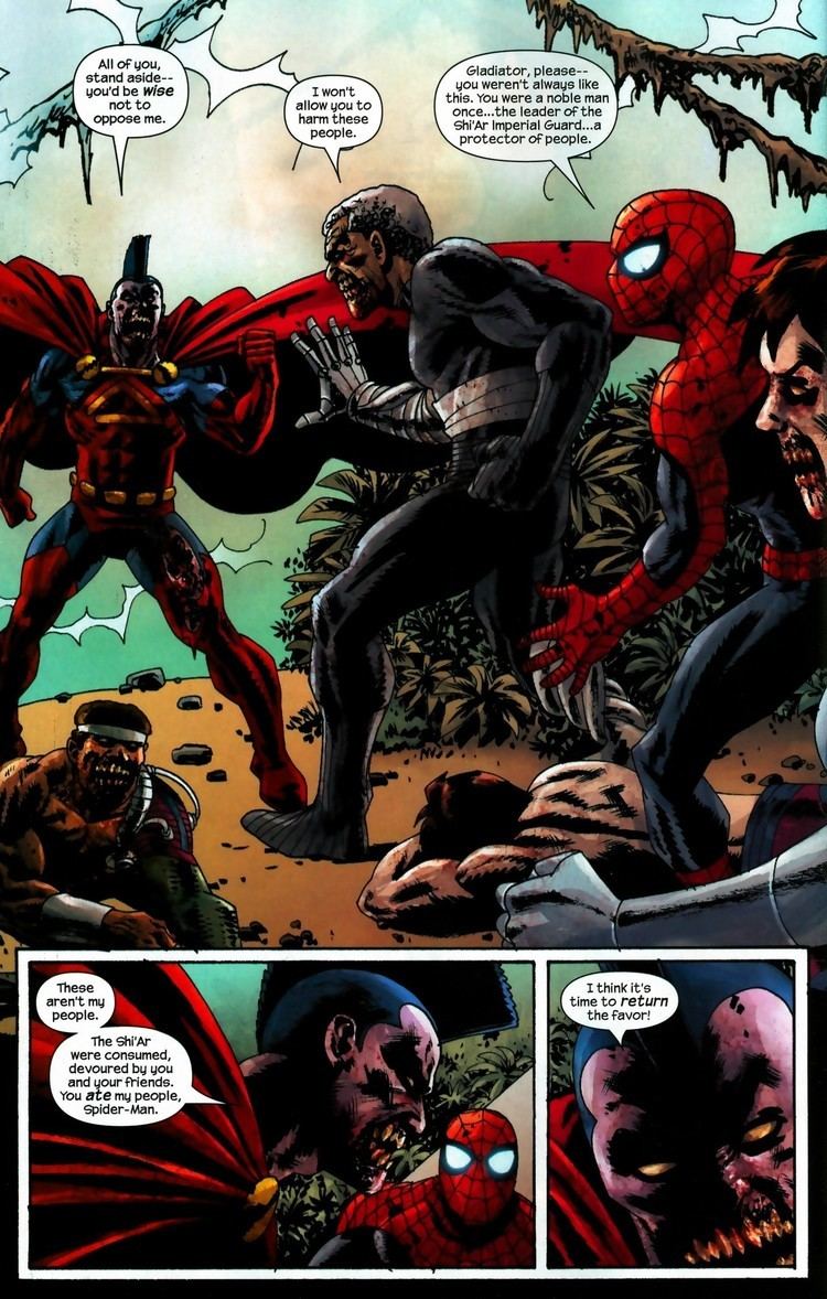 Shola Inkosi and Spiderman preventing Gladiator from harming the people in a page from the comic "Marvel Zombies 2"