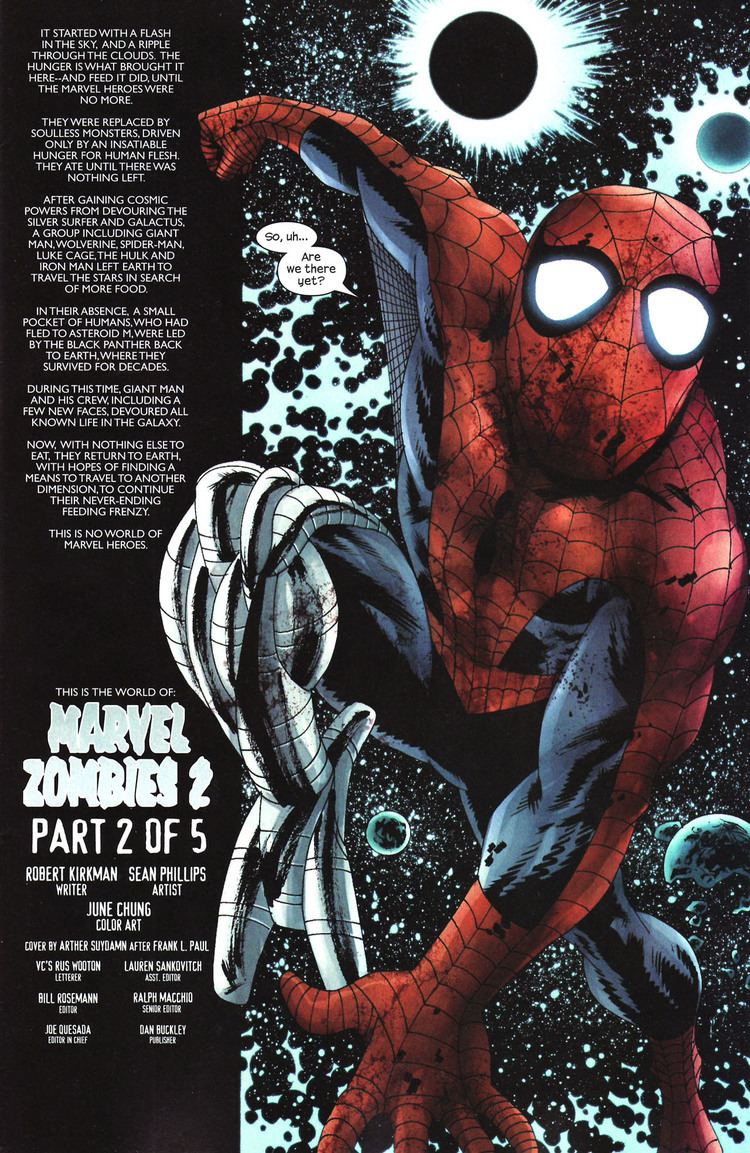 A cover page of the comic "Marvel Zombies 2" featuring Spiderman in the outer space