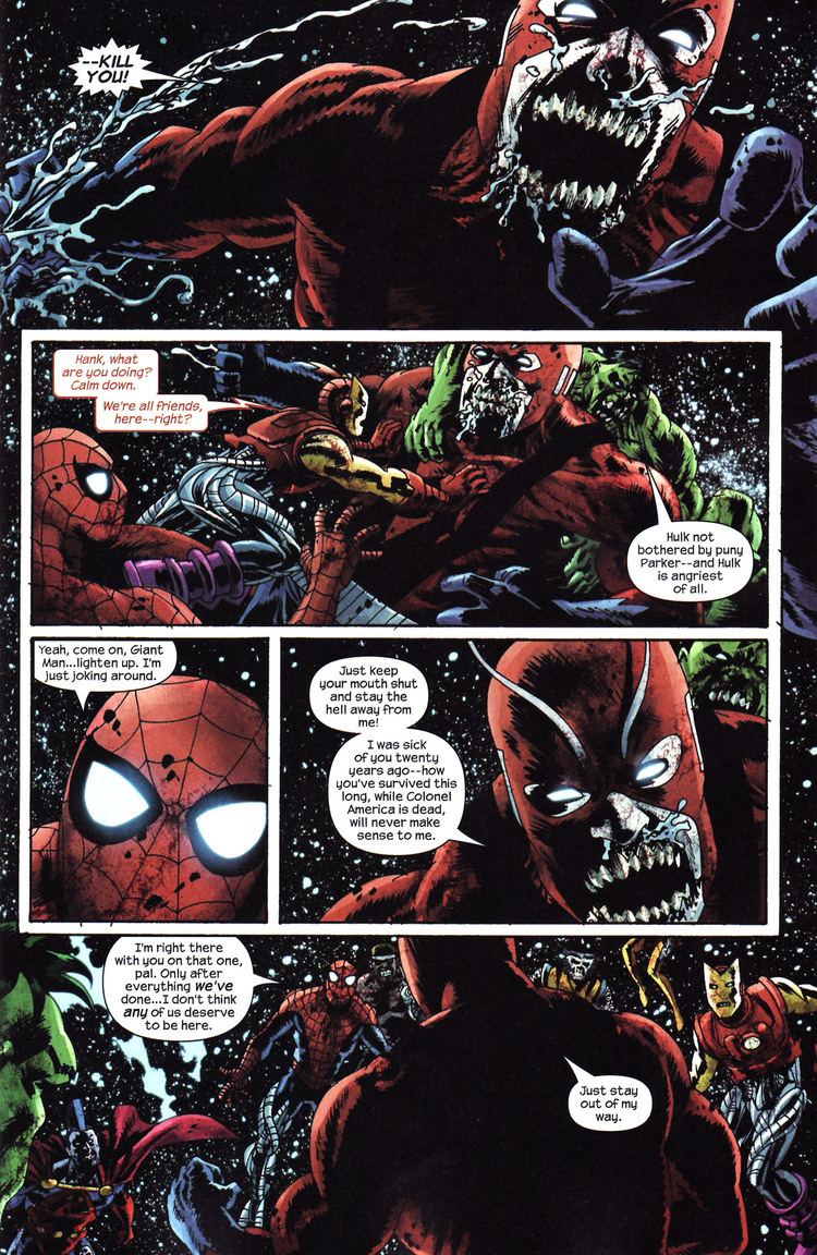 The superheroes preventing Giant Man from eating humans in a page from the comic "Marvel Zombies 2"