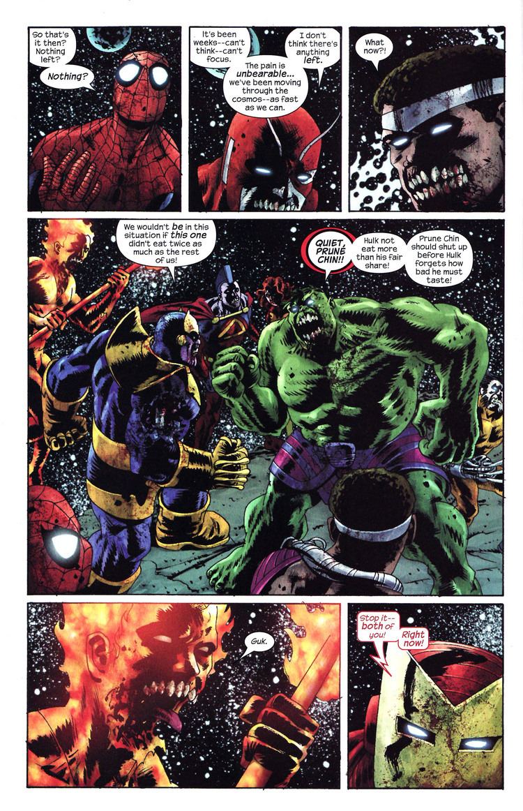 Thanos and Hulk having a fight with other superheroes while in outer space in a page from the comics "Marvel Zombies 2"