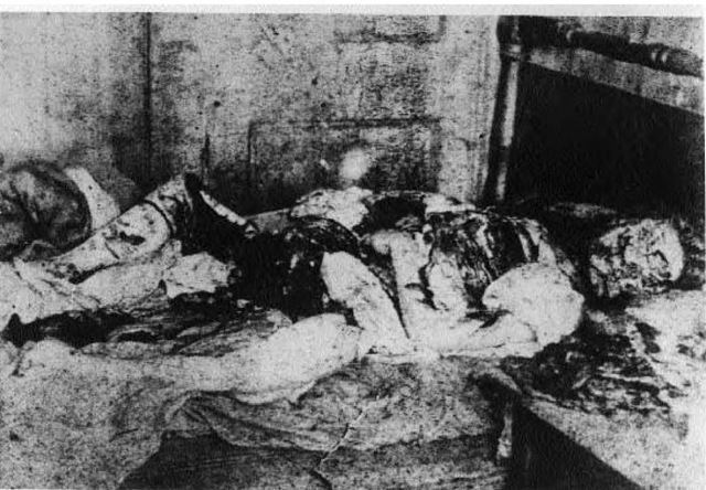 The body of Mary Jane Kelly as discovered in Miller's Court