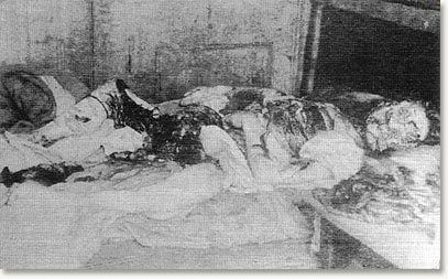 The body of Mary Jane Kelly as discovered in Miller's Court