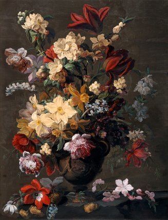 Mary Moser Flowers in a vase which stands on a ledge by Mary Moser