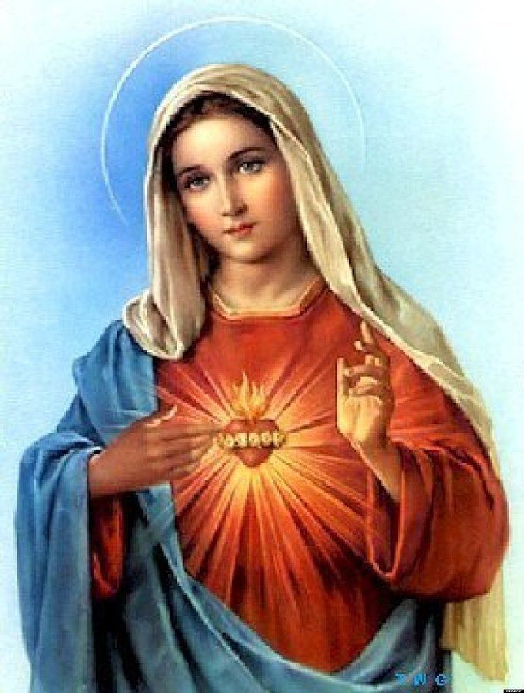Mary (mother of Jesus) wearing red and blue clothing and a white veil