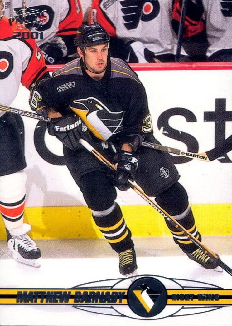 Matthew Barnaby playing hockey and holding a hockey stick with people in the background, wearing protective pants, leg pads, gloves, blockers, skates, helmet, figure skates, a black hockey sweater with a printed number 36 with bird logo