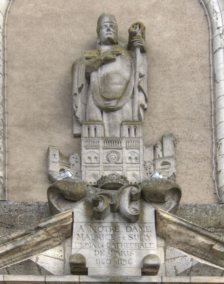 Maurice de Sully memorial on Collégiale Saint-Ythier church in Sully-sur-Loire, France; Notre-Dame de Paris is depicted at the bishop's feet