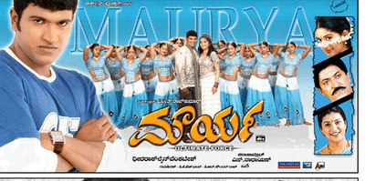 The movie poster of Maurya (film) 2004 in a light-blue background with a written MAURYA at the back Puneeth Rajkumar is smiling standing, with his hands down has black hair wearing a white long sleeve shirt and black pants, at the right is Meera Jasmine is smiling, standing has black hair wearing a white cream top, black bracelets, and a white long skirt, along with a group of dancers behind them , standing with their hands on top of the head has black hair wearing a light blue shirt and white with blue long skirt, in front on the left, Puneeth Rajkumar is serious, standing, arms crossed has black hair wearing a brown silver watch and a blue long sleeve shirt with white collar, in the middle is the title in their language, at the right from top, Meera Jasmine is smiling has black hair wearing earring, in the middle Devaraj is serious, has black hair and a mustache, at the bottom Roja is smiling has bindi on forehead, black hair wearing a necklace and blue saree.