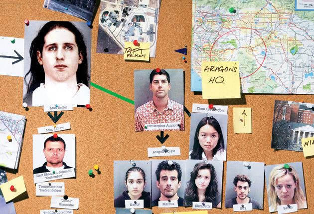 Maps and portrait of Max Butler, Christopher Aragon, Brett Shannon Johnson, and other hackers in a pinboard